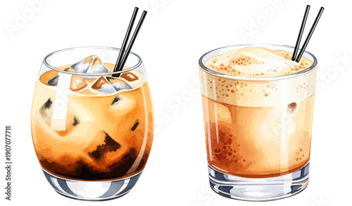 氷入りグラスのカルーアミルク コーヒーカクテルドリンクの水彩タッチイラスト