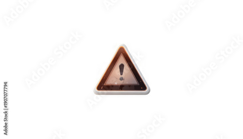 A realistic three dimensional rendering of a weathered warning road sign featuring a central exclamation mark symbol on transparent background