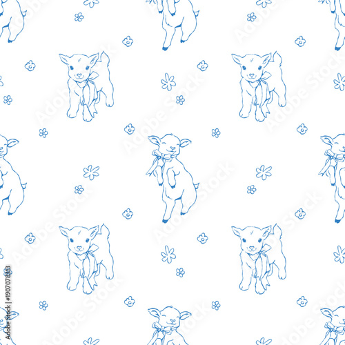Seamless white and blue Easter pattern with cute goats and small wildflowers. Vintage spring vector pattern with farm animals. Vector blue outline illustration on a white background.