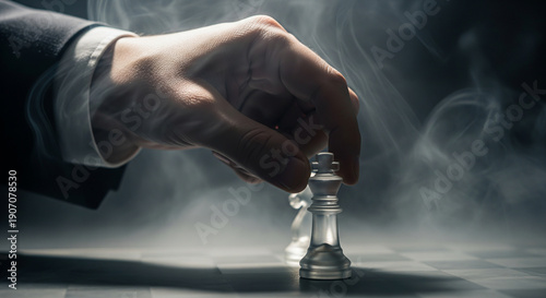 Cinematic close up of hand moving silver king chess piece with mysterious smoke