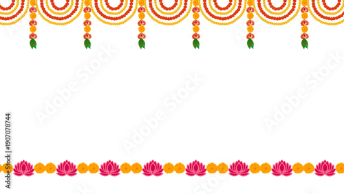 Traditional marigold flower garland toran vector, perfect for Indian Hindu wedding, navratri, dussehra, Diwali, karwa chauth festival decoration, floral border ornament design for celebration themes