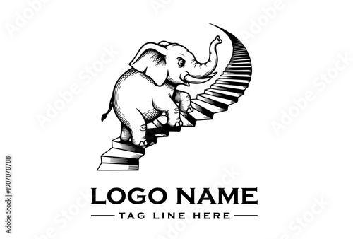 A surreal vector illustration of an elephant climbing surreal stairs with a tagline on a plain background.