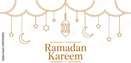ramadan Kareem, Eid Mubarak Greeting Line icon minimal and simple vector design with beautiful Glowing Lantern and elegant crescent moon star for background and Banner