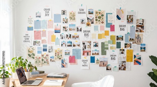 Inspirational mood board wall with photos and quotes above desk with laptop. Creative workspace interior design for planning projects or artistic motivation concepts.
