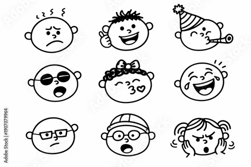 Nine hand drawn cartoon faces showing sick, happy, party, cool, kiss, laughing, serious, surprised and angry moods. Simple black outline vector emojis for stickers, chat and kids design.
