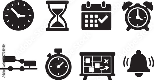 Comprehensive Set of Time Management and Planning Icons: Clock, Hourglass, Calendar, Alarm, Stopwatch, Timeline, and Strategy Board Vector Glyph Collection for Business and Productivity UI/UX