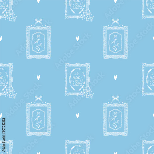 A cute blue and white Easter vintage seamless pattern with geese, chickens, vintage frames, bows, and hearts. Hand-drawn flirty doodles. Vector white outline illustration on a blue background.