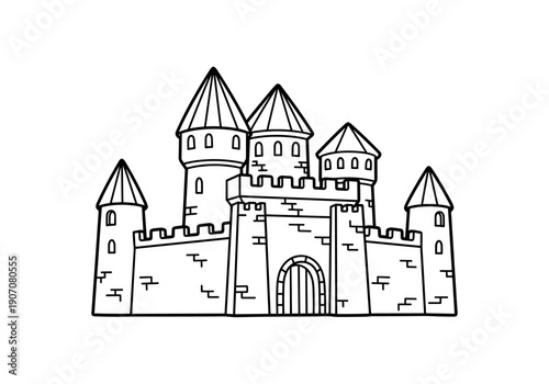 Medieval castle sketch with towers and battlements in black and white