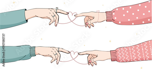 Two pairs of hands delicately linking pinky fingers with thin threads shaped into hearts symbolizing eternal promises and deep romantic affection against a dark background.