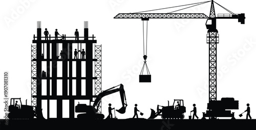 Construction site silhouette with building structure, tower crane lifting load, excavator working, industrial workers, engineering project, urban development, heavy , civil engineering, architecture.