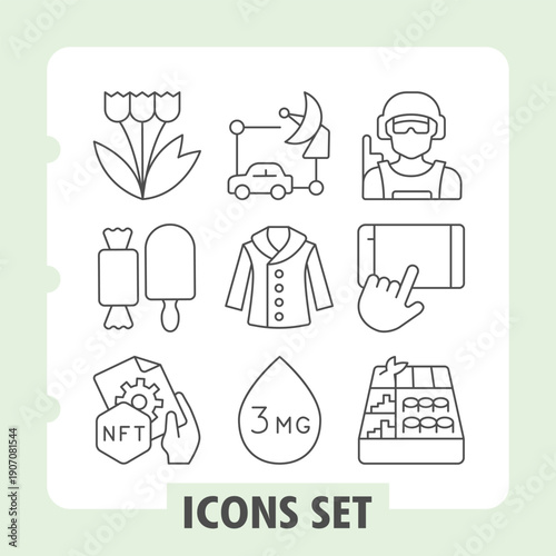 Set of nine thin line icons depicting nature, travel, health, fashion, technology and commerce concepts. Ideal for web design, presentations and print on white background.