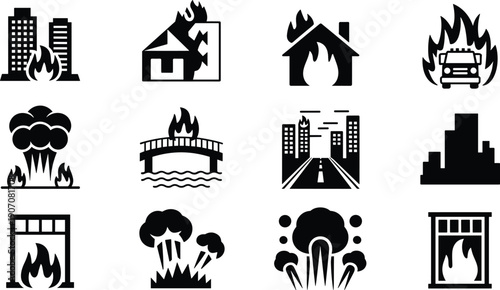 Black and white disaster icon set featuring burning buildings, explosions, vehicles on fire, bridges with flames, and city skylines for emergency, hazard, and safety graphics