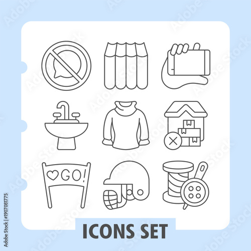 Set of nine simple thin line icons depicting prohibition, education, clothing, sports, finance and lifestyle concepts. Ideal for web design, presentations and print on white background.