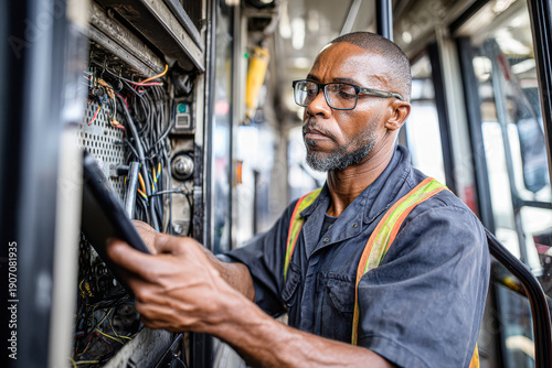 A technician inspects electrical components in a bus, showcasing expertise and focus on maintenance and repair.