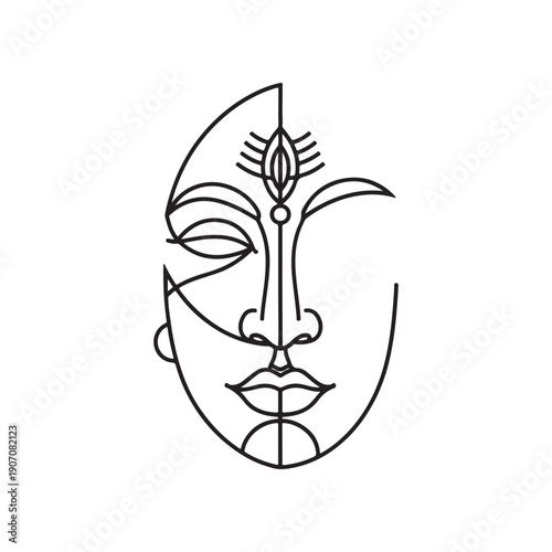Black and white line of a stylized human face with abstract 1