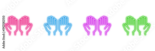 Neon glowing cupped hands vector icons set, giving, receiving, holding, support, vibrant colorful digital design.