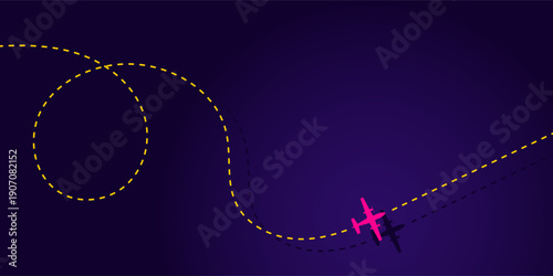 Vibrant pink airplane embarks on an adventurous journey, tracing a whimsical dotted path across a serene night sky