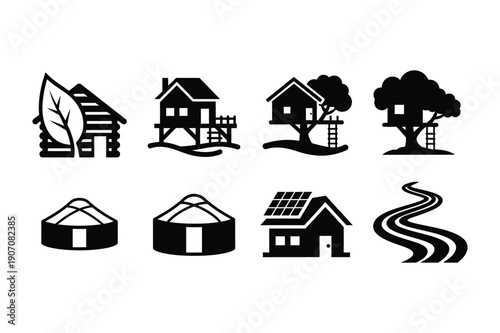 Diverse Housing Icons: Cabins, Yurt, Modern Home