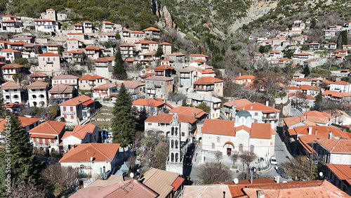 Aerial view of Stemnitsa mountain village and Agios Georgios church, Peloponnese, Greece