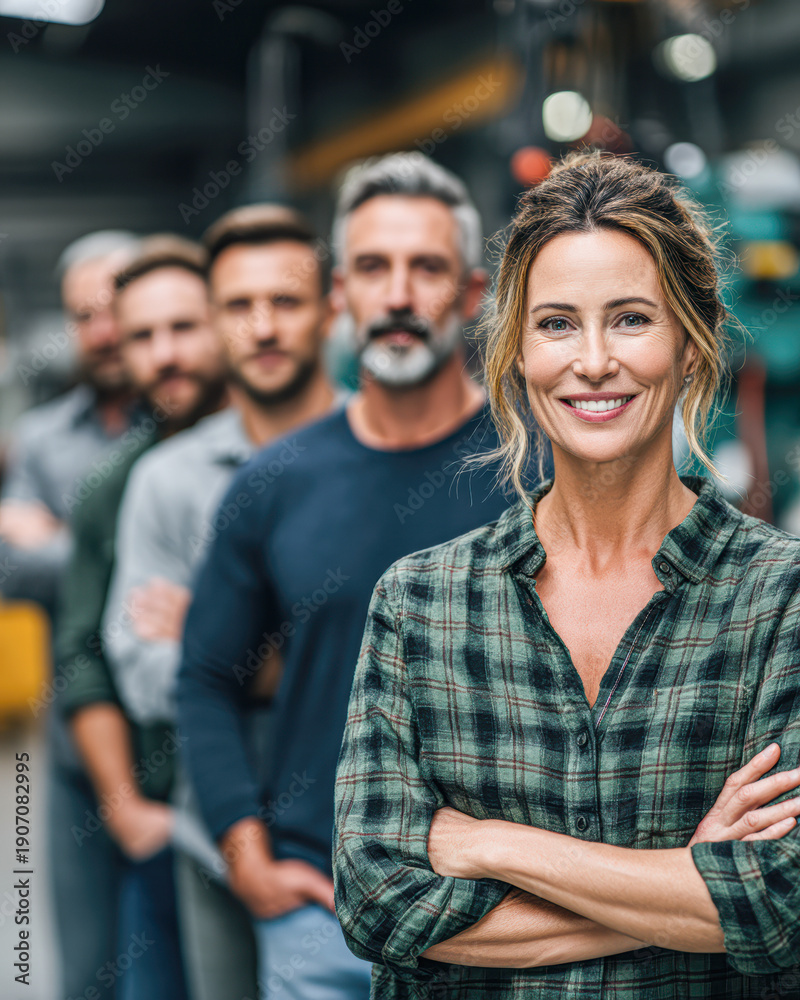Obraz premium A confident woman stands in front of a line of men, showcasing teamwork and camaraderie in a professional environment.