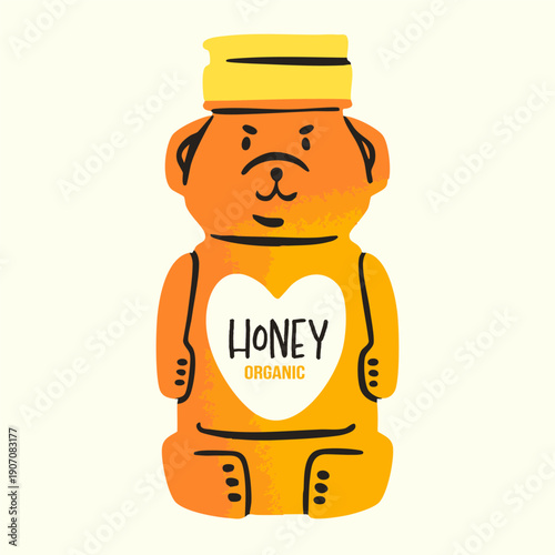 Bear shaped Honey bottle. Animal packaging design. Glass or plastic container. Hand drawn trendy Vector illustration. Isolated design element. Fresh organic honey, farm market concept