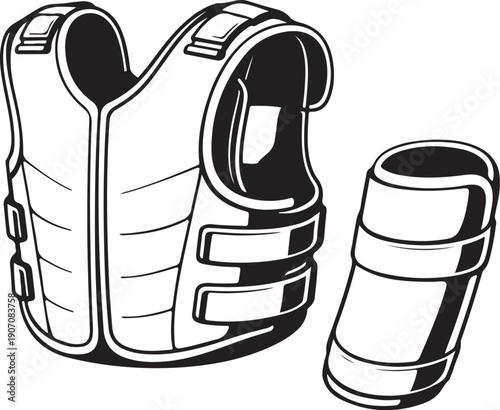 Football Protective Gear Set Rib Protector and Arm Pad Black and White Line Art.eps