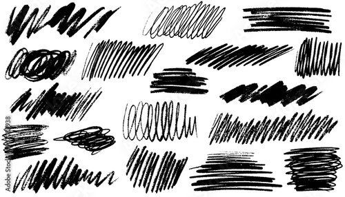 Chalk pencil scribbles, ovals and strokes set. Different crayon underlines, rough round shapes, daubs. Hand drawn charcoal curly lines, circles and squiggles. Vector black strokes with sketch texture