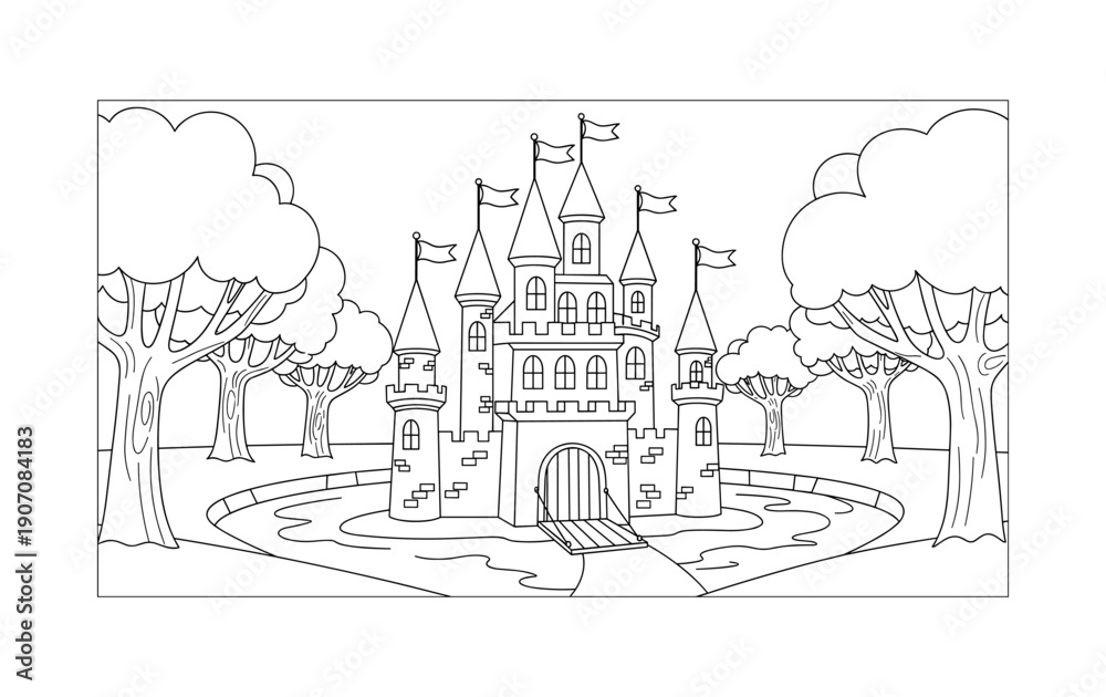 Fototapeta premium Coloring page of a fairy tale castle with trees in a fantasy forest