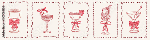 Hand drawn chalk cocktail set. Vintage coquette style alcohol beverages with whimsical wavy rectangle frames. Aesthetics romantic elements with bow and ribbon for wedding invitations, menu and party.