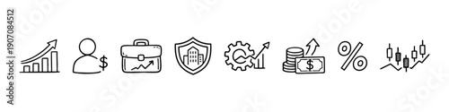 Set of hand-drawn business and finance icons featuring growth charts, money symbols, and investment tools in blue and black line art style.