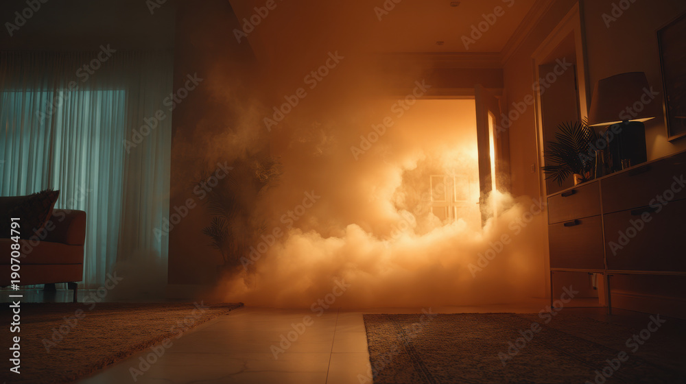 Fototapeta premium Smoke fills dramatic modern living room