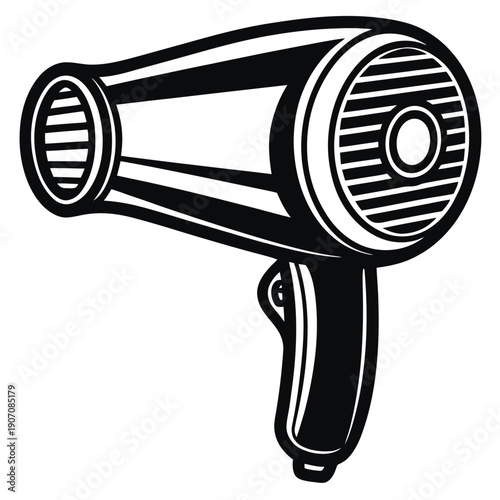 A vintage style illustration of a black and white hair dryer