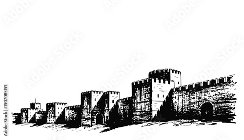 Medieval castle wall with towers and battlements in black silhouette