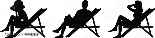 People relaxing on deck chairs silhouette set showing leisure vacation отдых pose, summer отдых scene, beach holiday lifestyle illustration collection