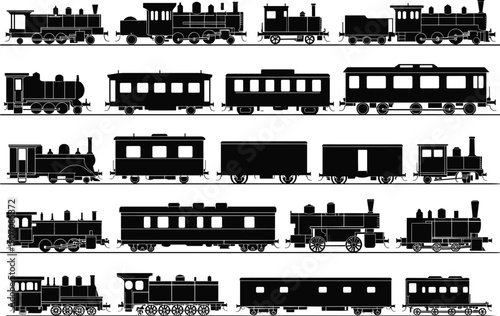 Vintage steam train silhouettes collection featuring locomotives, passenger cars and freight wagons, classic railway transport illustration for historical and industrial design use