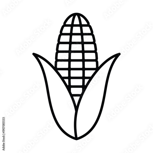 Simple line drawing depicting a ripe ear of corn with husk leaves