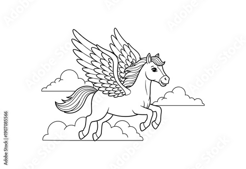 Elegant pegasus flying among clouds in black and white line art drawing
