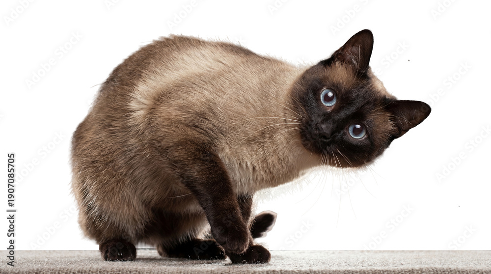 Obraz premium a captivating siamese cat with mesmerizing blue eyes tilts its head in curiosity, perched on a textured surface against a transparent background, highlighting its unique features.