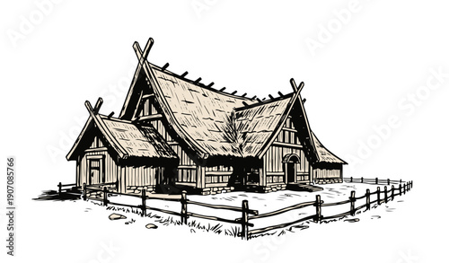 Traditional wooden longhouse with thatched roof and wooden fence
