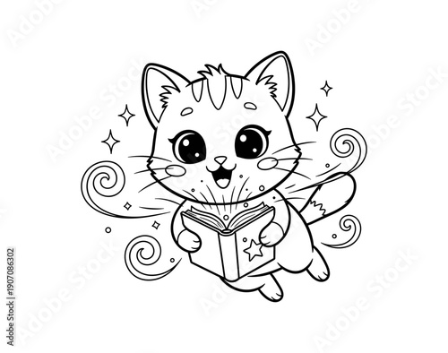 Cute cartoon cat reading a magical book with stars and swirls