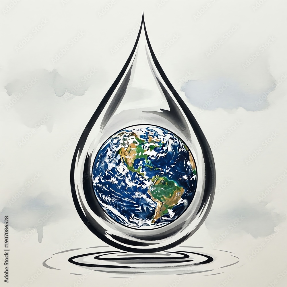 Obraz premium Illustration of a teardrop-shaped globe with Earth inside, surrounded by water ripples and clouds on a white background.