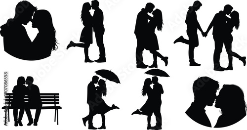 Black silhouettes of couples kissing and embracing
