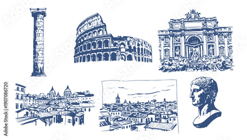 Historic Rome landmarks and cityscapes in blue illustration style