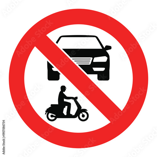 No motor vehicles allowed sign prohibiting cars and motorcycles with red circle symbol for traffic control and road safety awareness