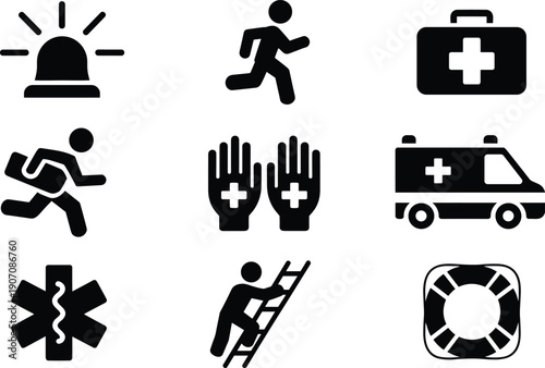 Black and white emergency and rescue icon set featuring siren, ambulance, first aid kit, ladder rescue, life preserver, and medical symbols for safety graphics
