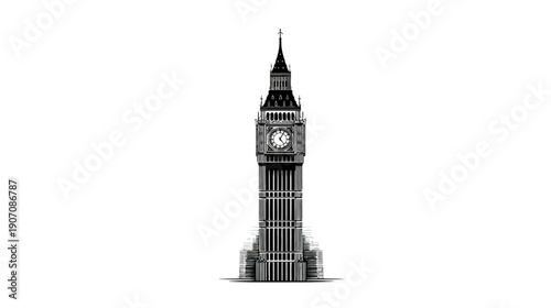 Black and white illustration of a tall clock tower with a prominent clock face