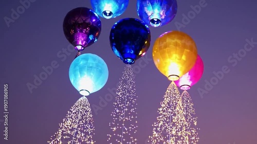 Vibrant Colorful Balloons with Sparkling Lights Against a Twilight Sky Background
