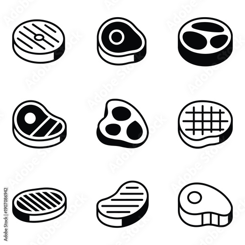Black and white meat icons cut into different shapes and sizes icon