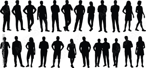 Business people silhouette collection showing standing men and women in professional poses, corporate team characters for office and presentation design use