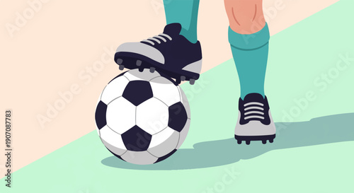 Stylized minimalist illustration of a soccer player's feet with a ball